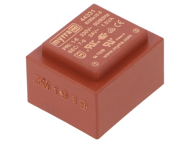 Transformator: ingegoten; 1,5VA; 230VAC; 24V; 63mA; PCB Transformator: ingegoten; 1,5VA; 230VAC; 24V; 63mA; PCB